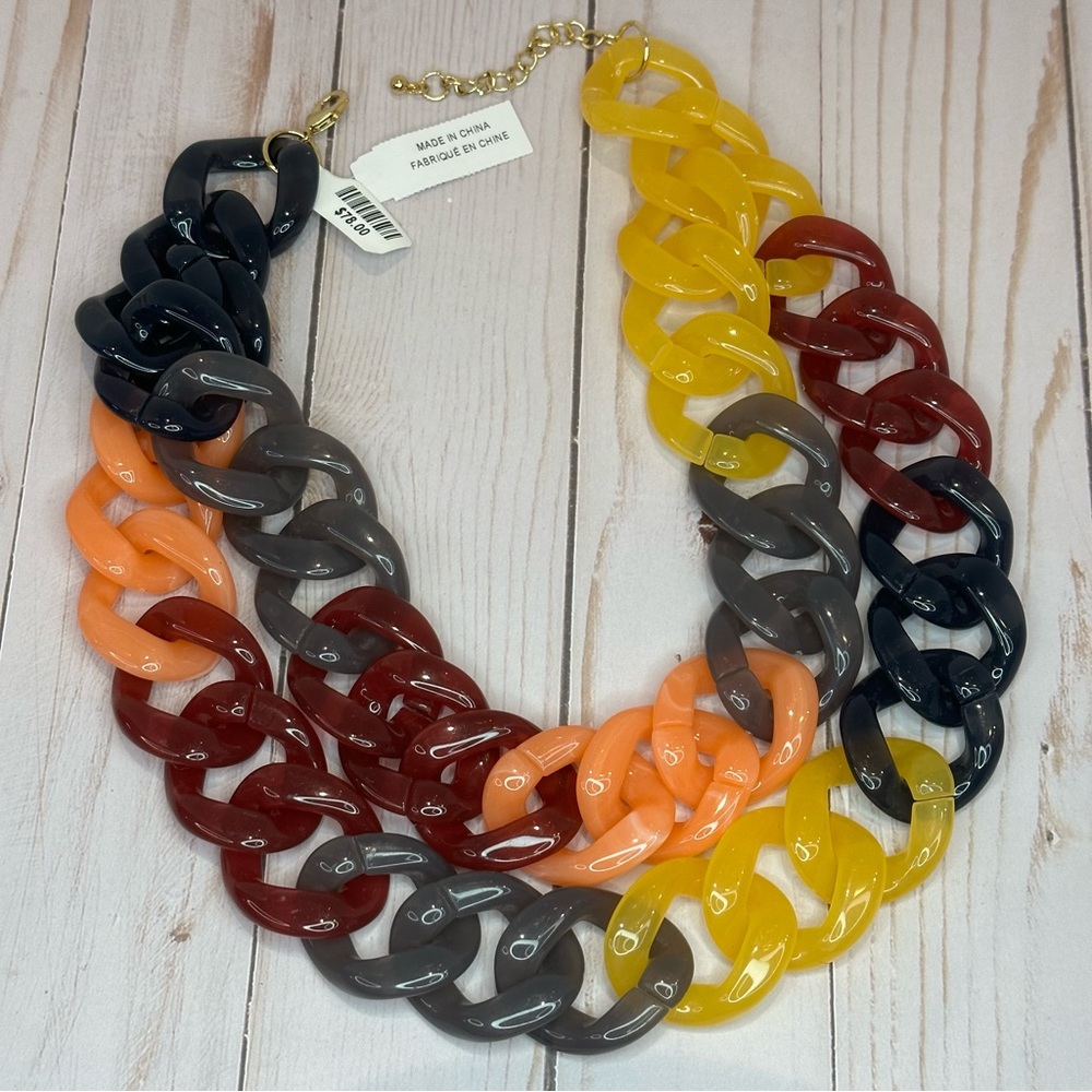 Anthropologie 2 Row Chunky Acrylic Link Chain Multicolor Necklace - Picture 3 of 5